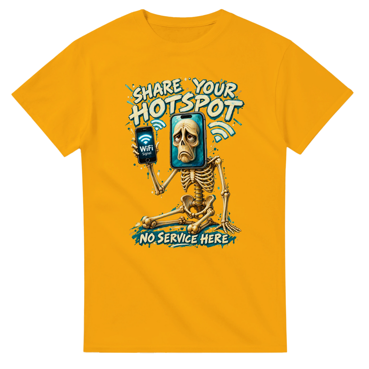Gold t-shirt printed with Pot Hotspot and the words Share your hotspot, no service here, front view