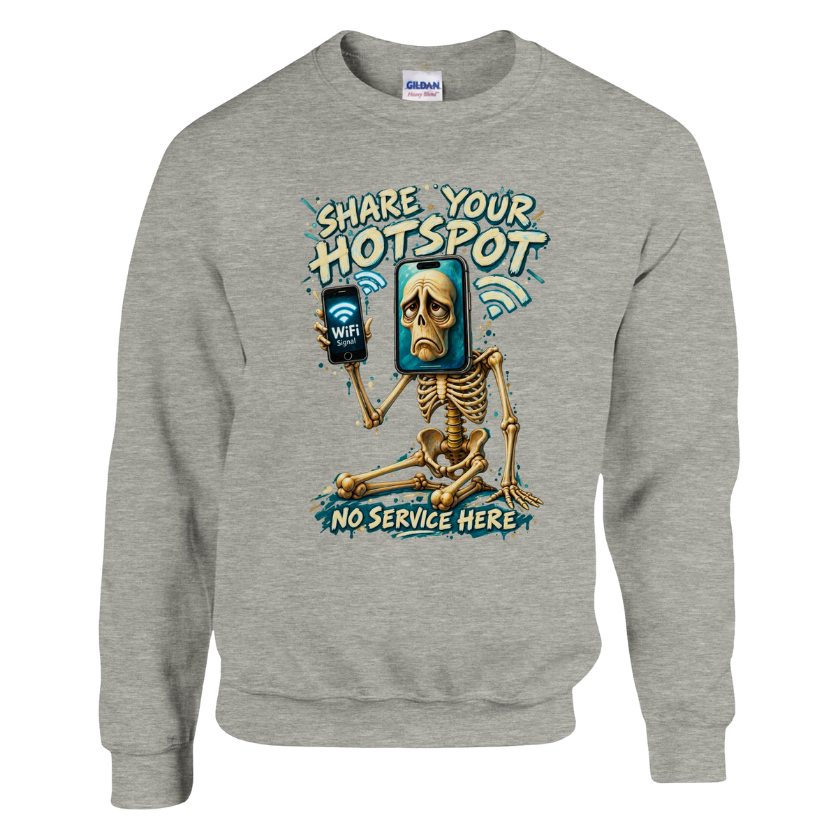 Pot Hotspot print on an ash grey crewneck sweatshirt, front view