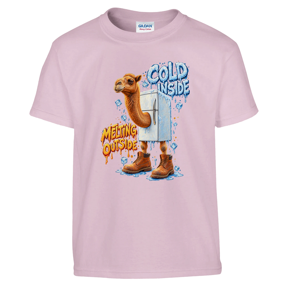 Frigo Camelo print on a light pink kids t-shirt, front view