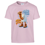 Frigo Camelo print on a light pink kids t-shirt, front view