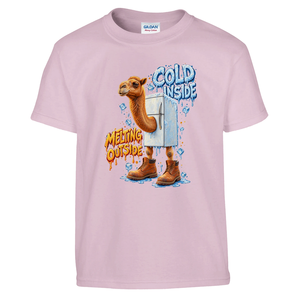 Frigo Camelo print on a light pink kids t-shirt, front view