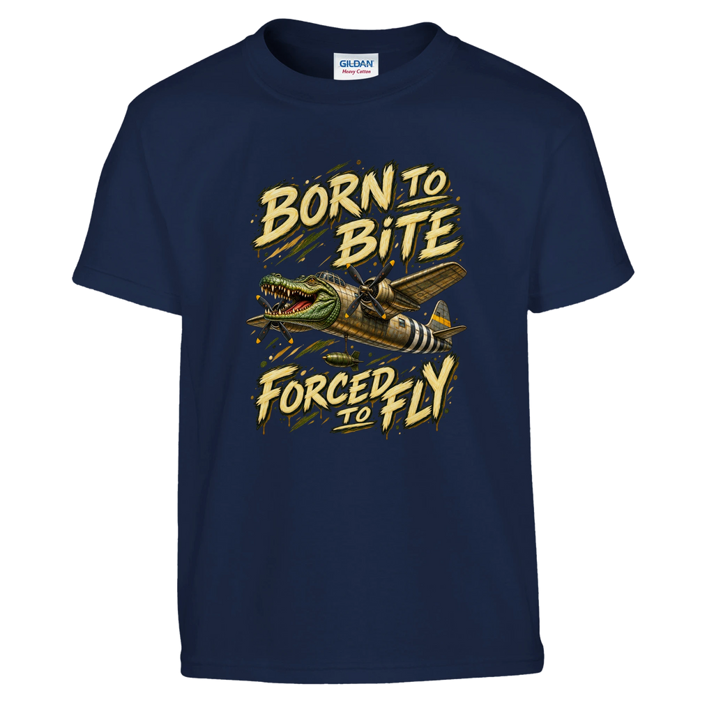 Bombardino Crocodilo print on a navy kids t-shirt, front view