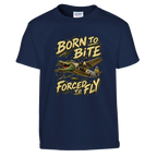 Bombardino Crocodilo print on a navy kids t-shirt, front view