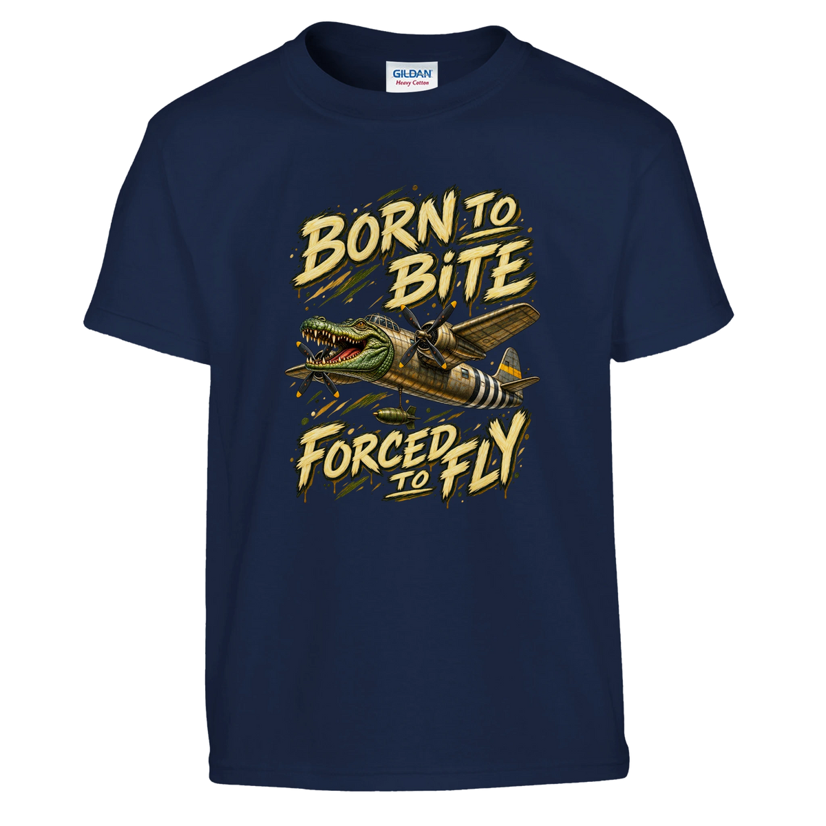 Bombardino Crocodilo print on a navy kids t-shirt, front view