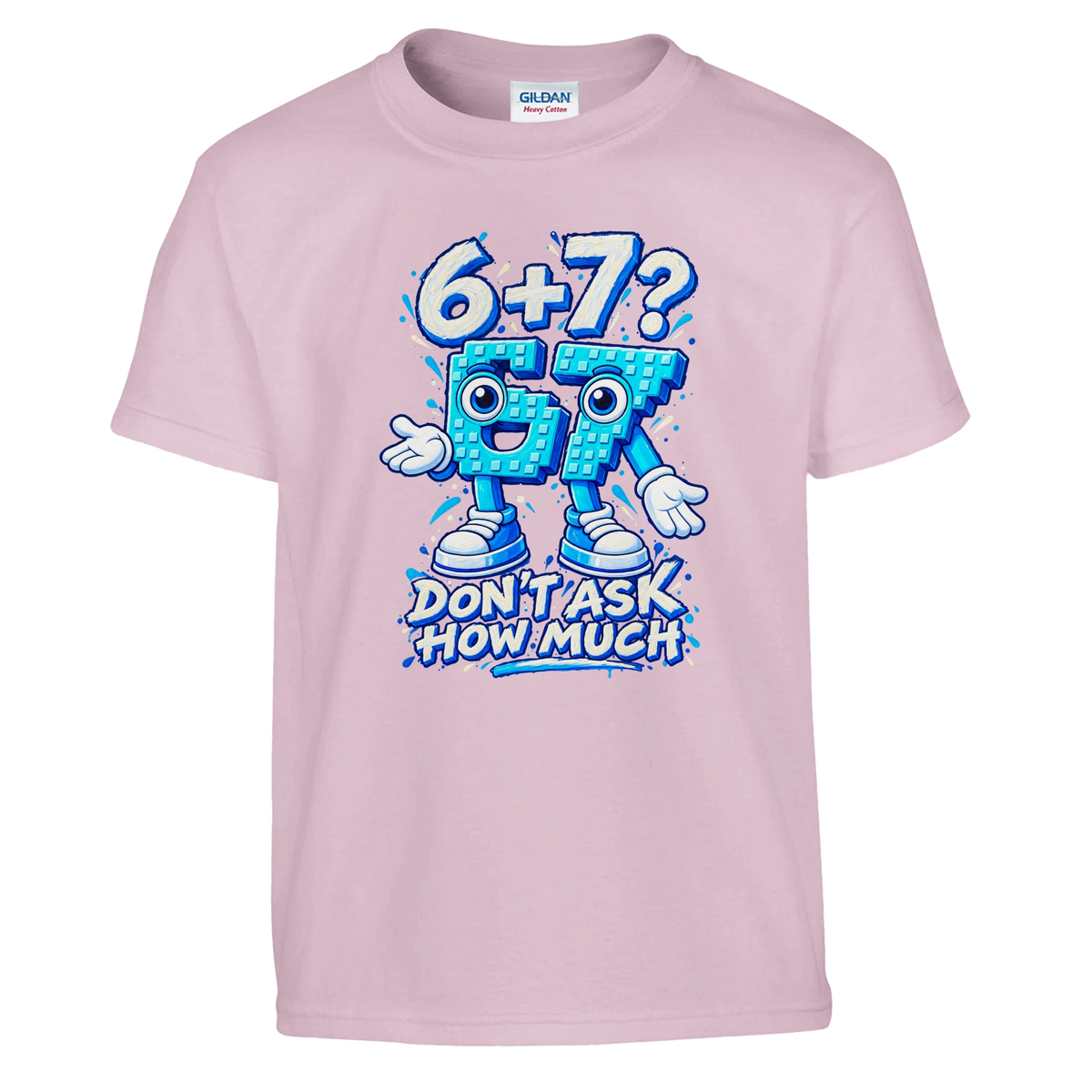 67 print on a light pink kids t-shirt, front view