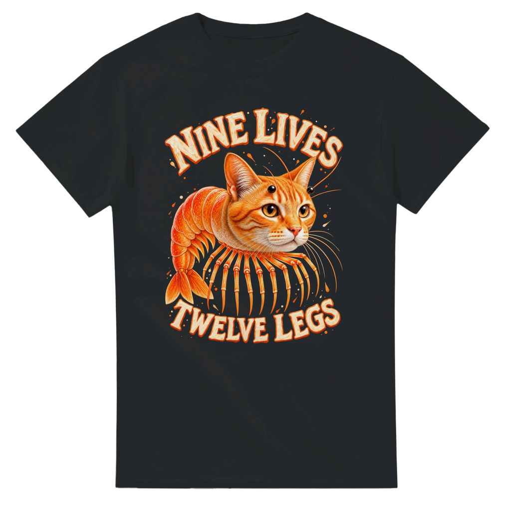 Black t-shirt printed with Trippi Troppi and the words Nine lives, twelve legs, front view