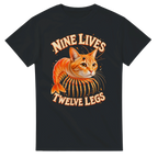 Black t-shirt printed with Trippi Troppi and the words Nine lives, twelve legs, front view