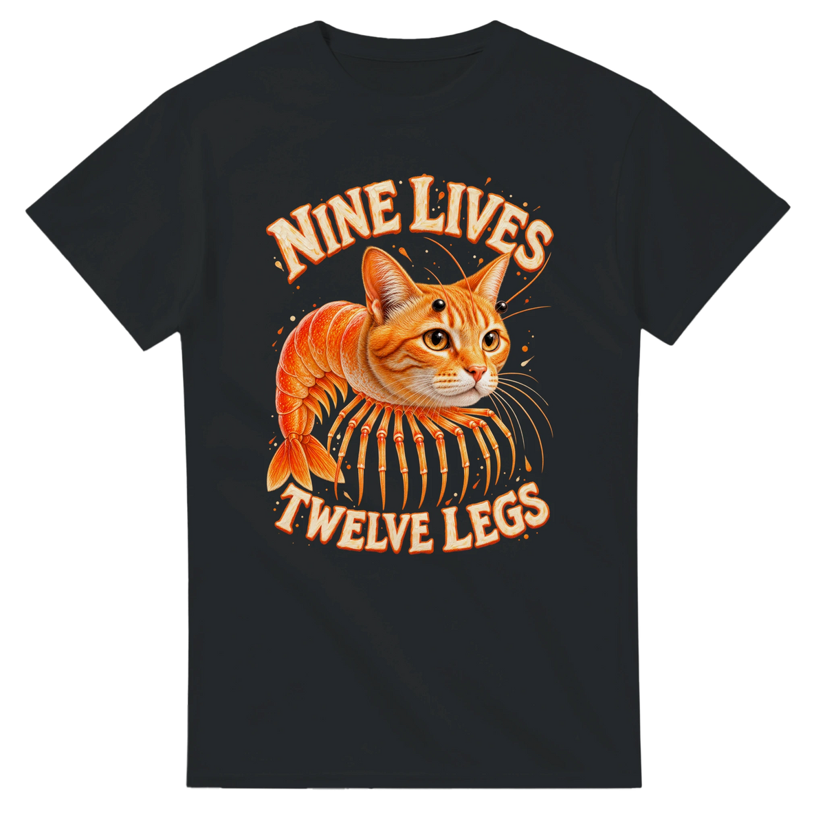 Black t-shirt printed with Trippi Troppi and the words Nine lives, twelve legs, front view
