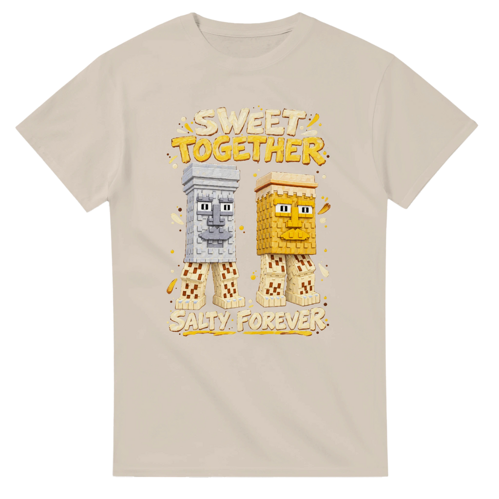 Sand t-shirt printed with Garama and Madundung and the words Sweet together, salty forever, front view