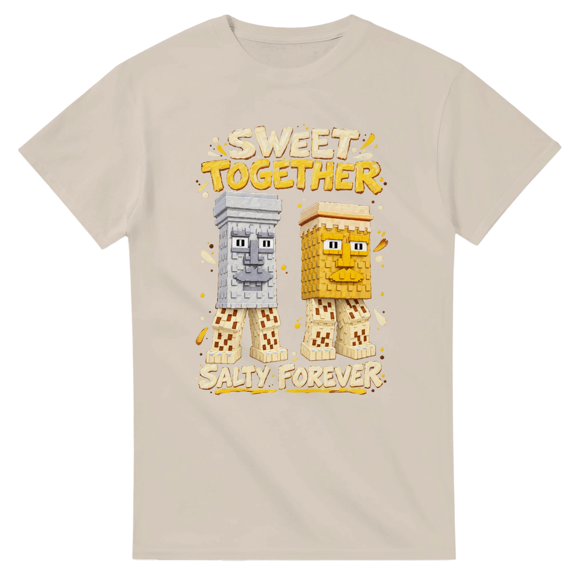 Sand t-shirt printed with Garama and Madundung and the words Sweet together, salty forever, front view