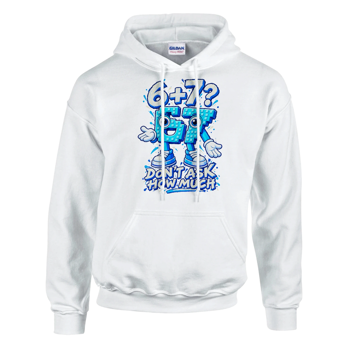 67 print on a white pullover hoodie, front view