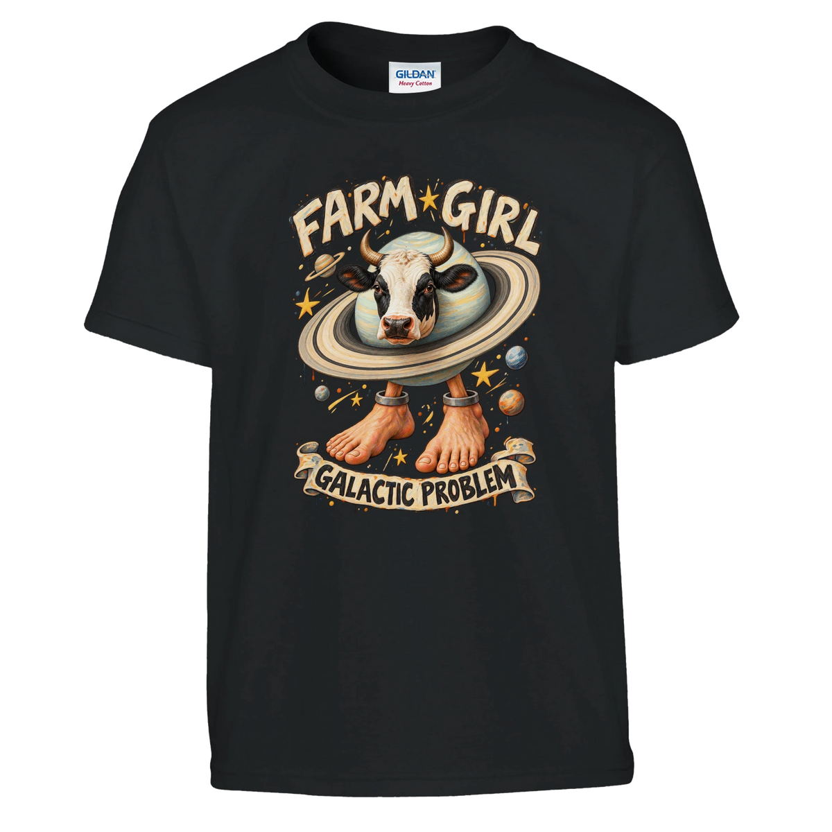 La Vaca Saturno Saturnita print on a black kids t-shirt, front view