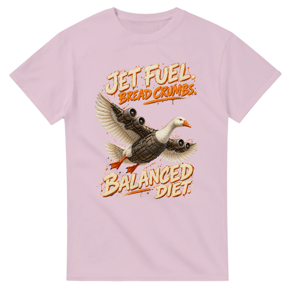 Light Pink t-shirt printed with Bombombini Gusini and the words Jet fuel, bread crumbs, balanced diet, front view