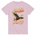 Light Pink t-shirt printed with Bombombini Gusini and the words Jet fuel, bread crumbs, balanced diet, front view