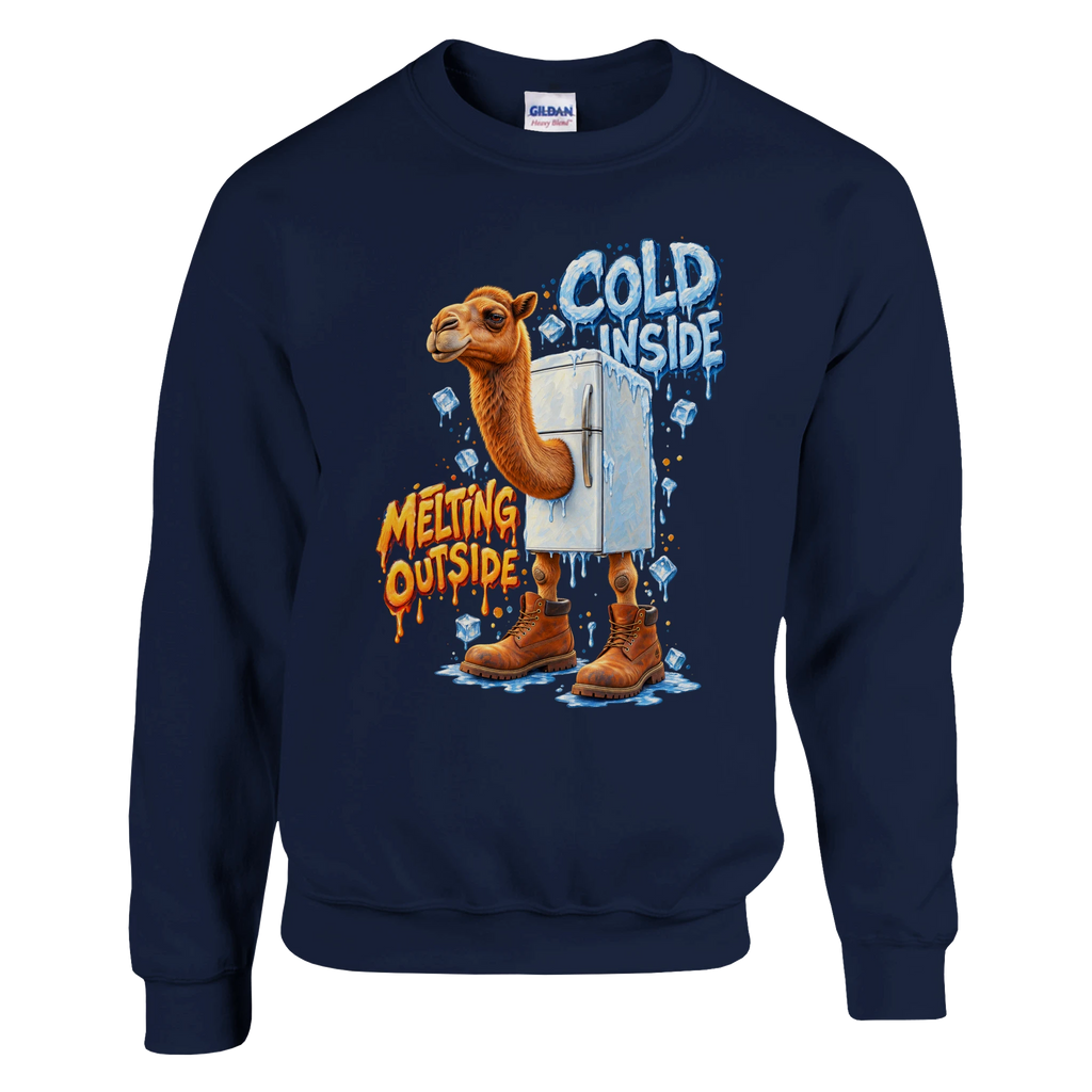 Frigo Camelo print on a navy crewneck sweatshirt, front view