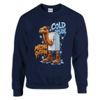Frigo Camelo print on a navy crewneck sweatshirt, front view
