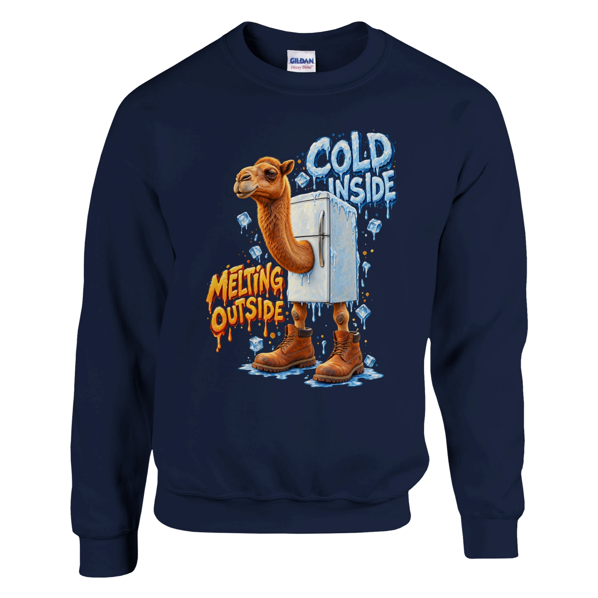 Frigo Camelo print on a navy crewneck sweatshirt, front view