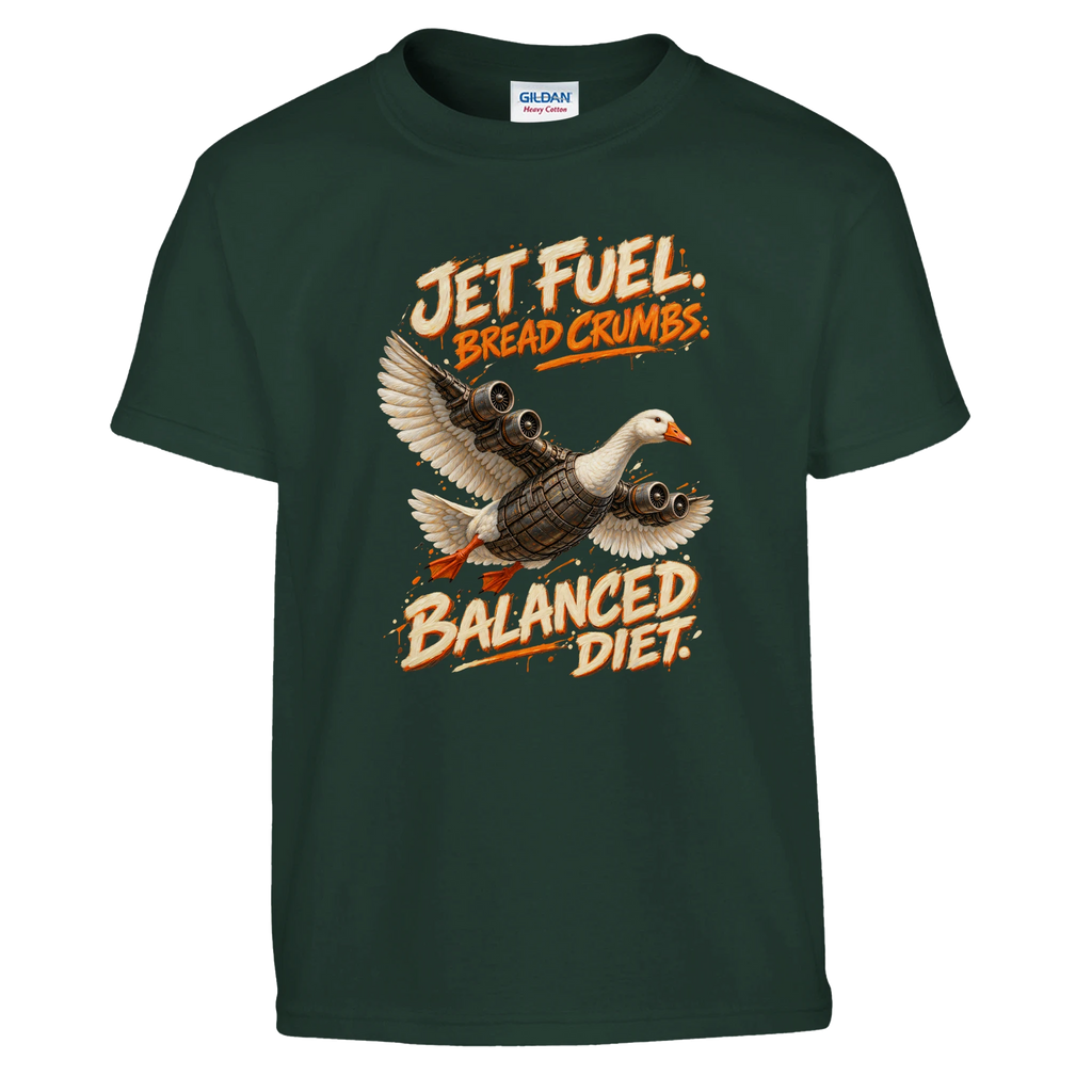 Bombombini Gusini print on a forest green kids t-shirt, front view