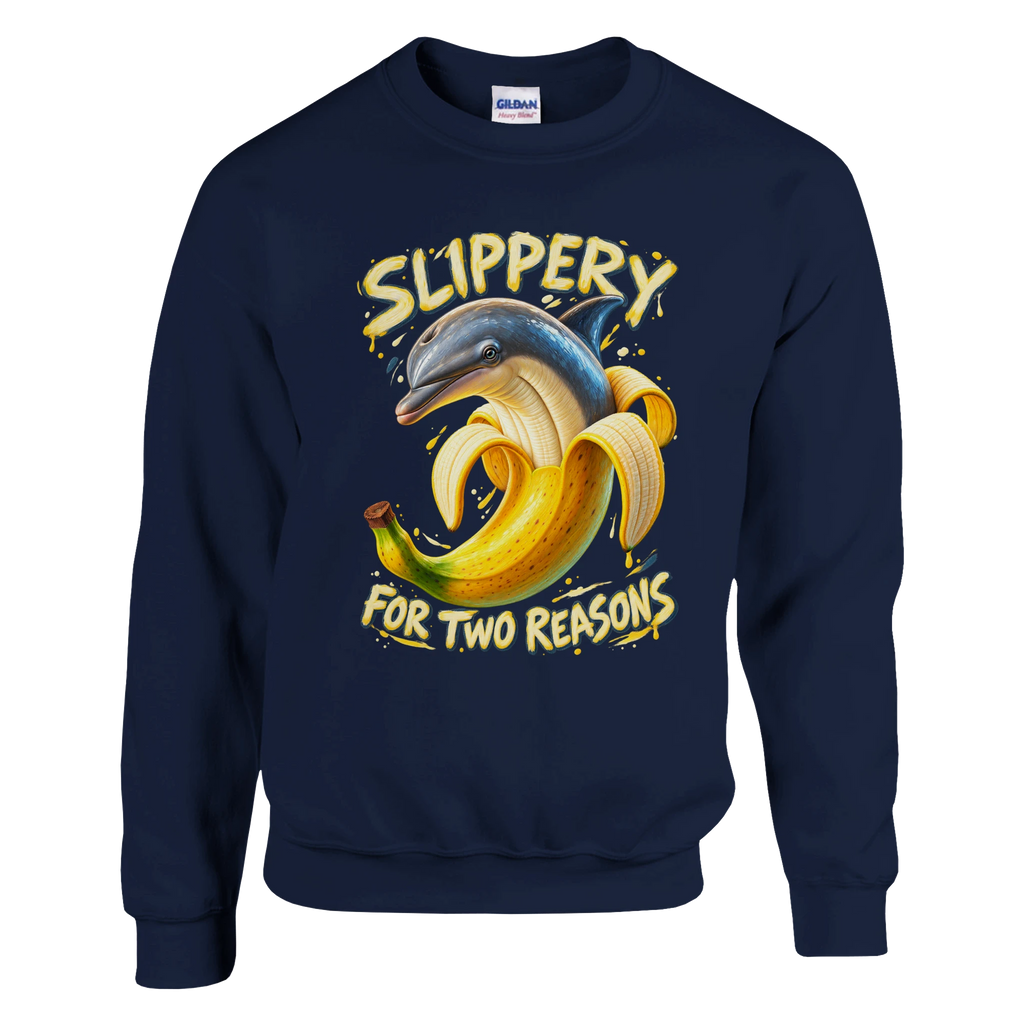 Bananita Dolphinita print on a navy crewneck sweatshirt, front view
