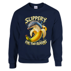 Bananita Dolphinita print on a navy crewneck sweatshirt, front view