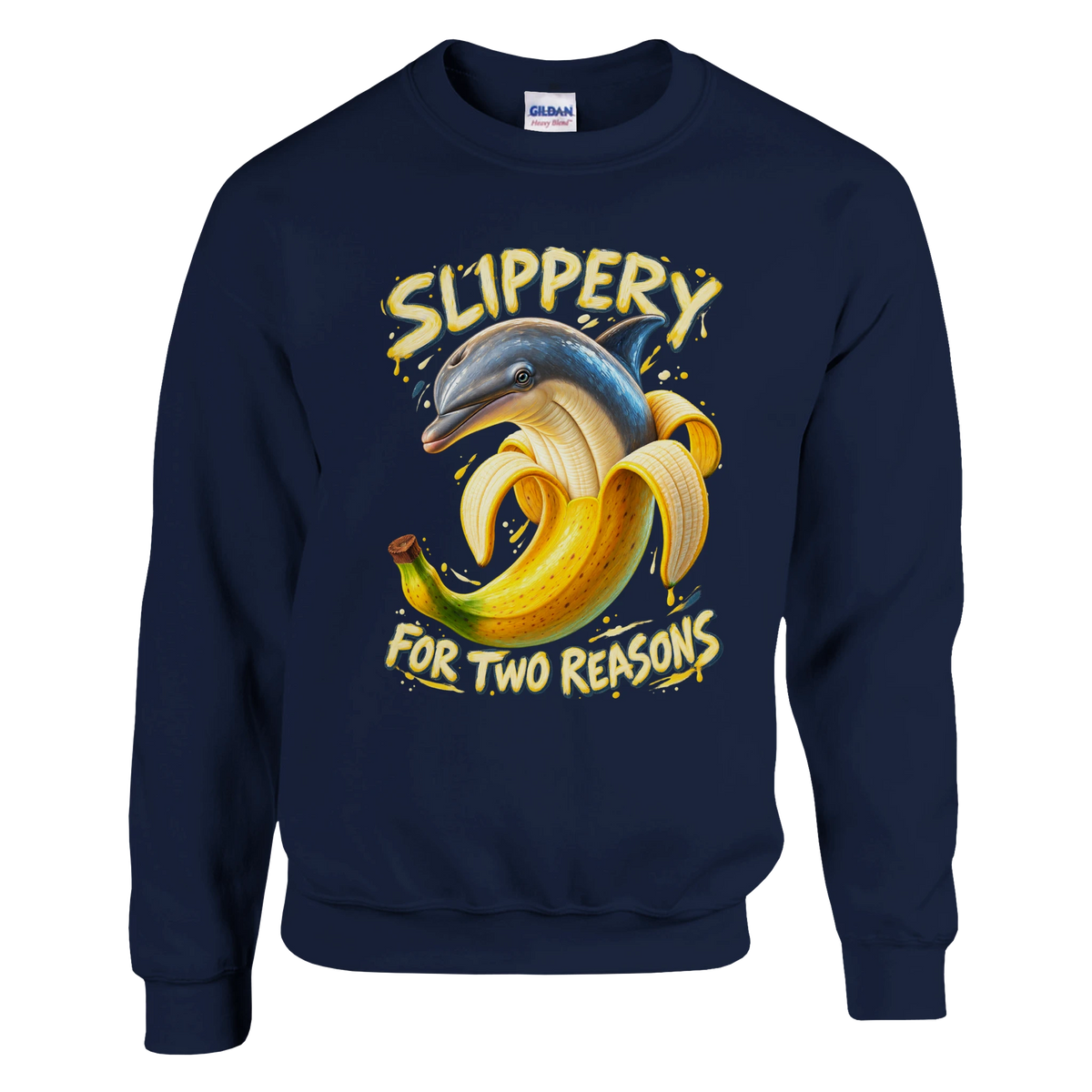 Bananita Dolphinita print on a navy crewneck sweatshirt, front view