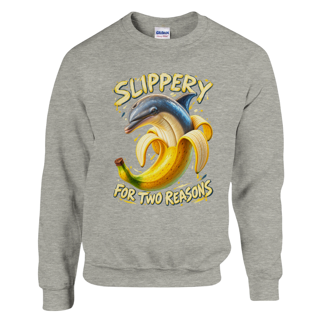 Bananita Dolphinita print on an ash grey crewneck sweatshirt, front view