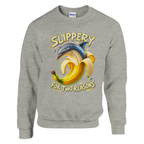Bananita Dolphinita print on an ash grey crewneck sweatshirt, front view