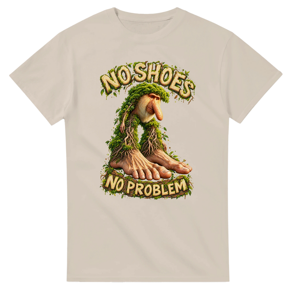 Sand t-shirt printed with Brr Brr Patapim and the words No shoes, no problem, front view