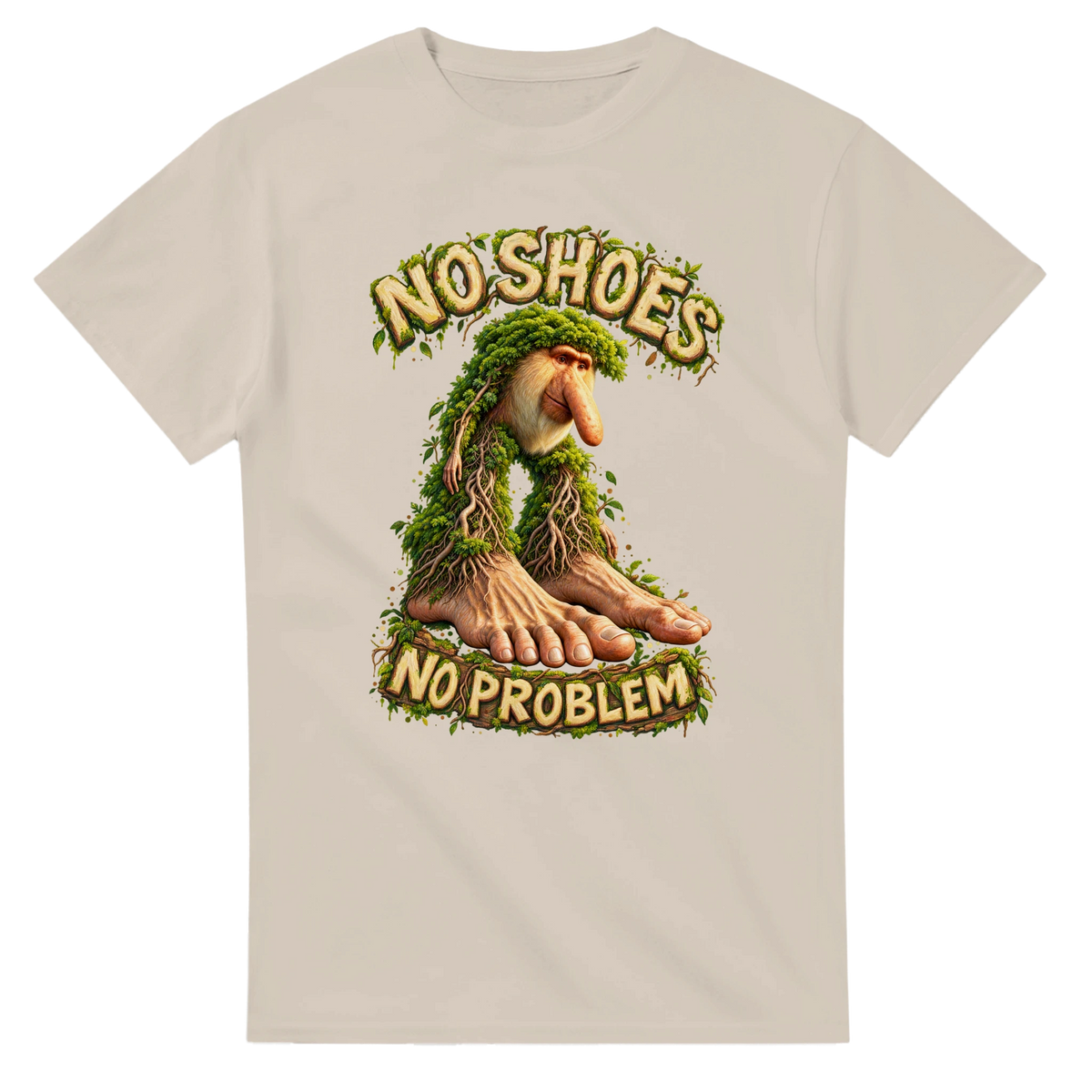 Sand t-shirt printed with Brr Brr Patapim and the words No shoes, no problem, front view