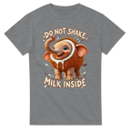 Sport Grey t-shirt printed with Cocofanto Elefanto and the words Do not shake, milk inside, front view