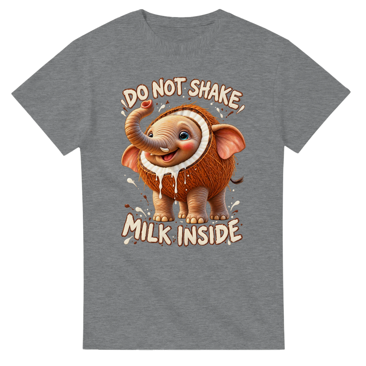Sport Grey t-shirt printed with Cocofanto Elefanto and the words Do not shake, milk inside, front view