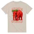Sand t-shirt printed with Strawberry Elephant and the words Please wash before eating, front view
