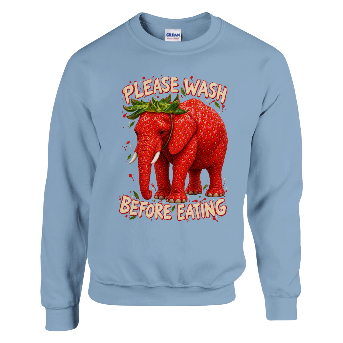 Strawberry Elephant print on a light blue crewneck sweatshirt, front view