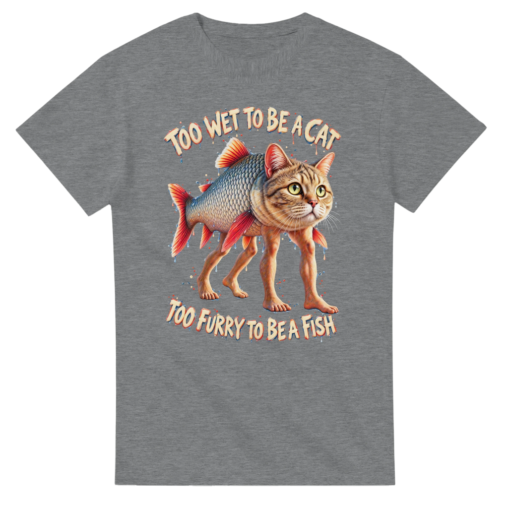 Sport Grey t-shirt printed with Trulimero Trulichina and the words Too wet to be a cat, too furry to be a fish, front view
