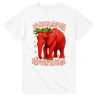 White t-shirt printed with Strawberry Elephant and the words Please wash before eating, front view