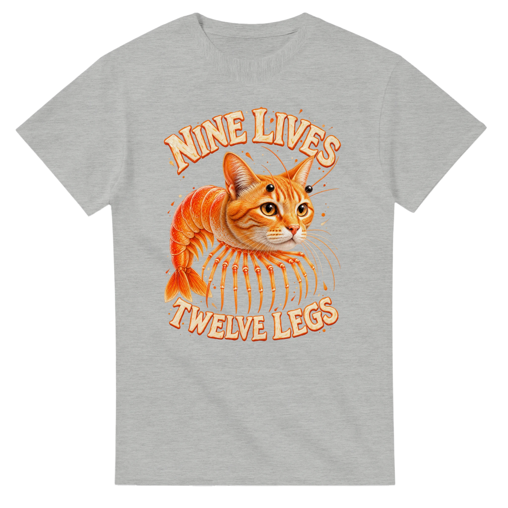 Ash t-shirt printed with Trippi Troppi and the words Nine lives, twelve legs, front view