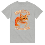 Ash t-shirt printed with Trippi Troppi and the words Nine lives, twelve legs, front view