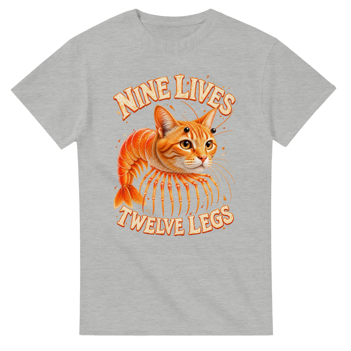 Ash t-shirt printed with Trippi Troppi and the words Nine lives, twelve legs, front view