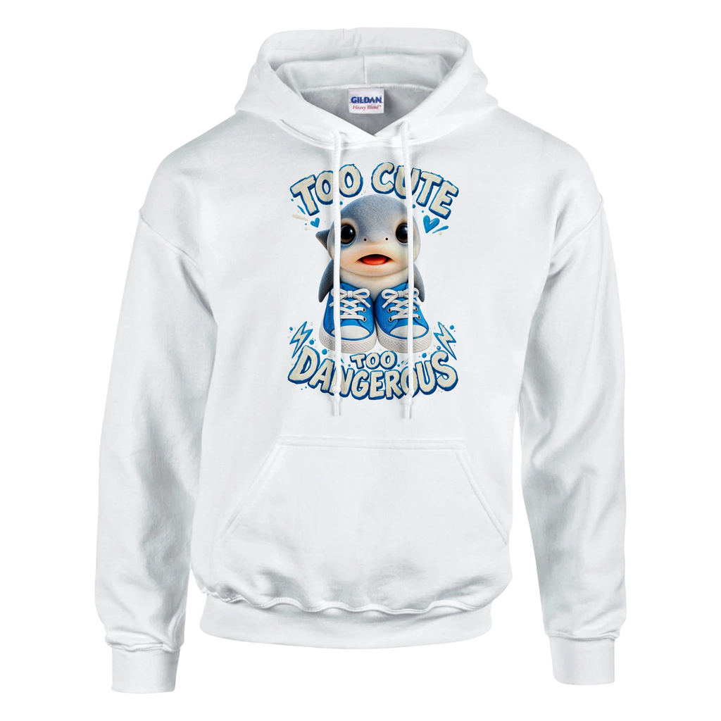 Los Tralaleritos print on a white pullover hoodie, front view