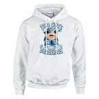 Los Tralaleritos print on a white pullover hoodie, front view
