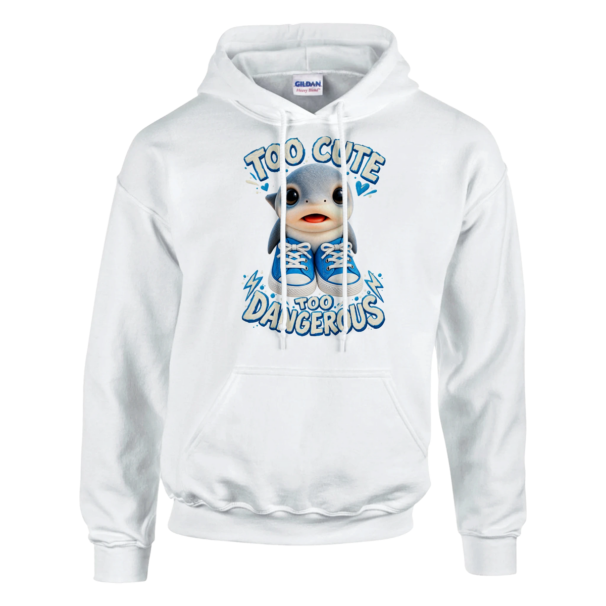Los Tralaleritos print on a white pullover hoodie, front view