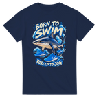 Navy t-shirt printed with Tralalero Tralala and the words Born to swim, forced to jog, front view