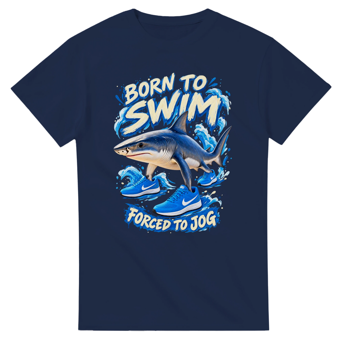 Navy t-shirt printed with Tralalero Tralala and the words Born to swim, forced to jog, front view