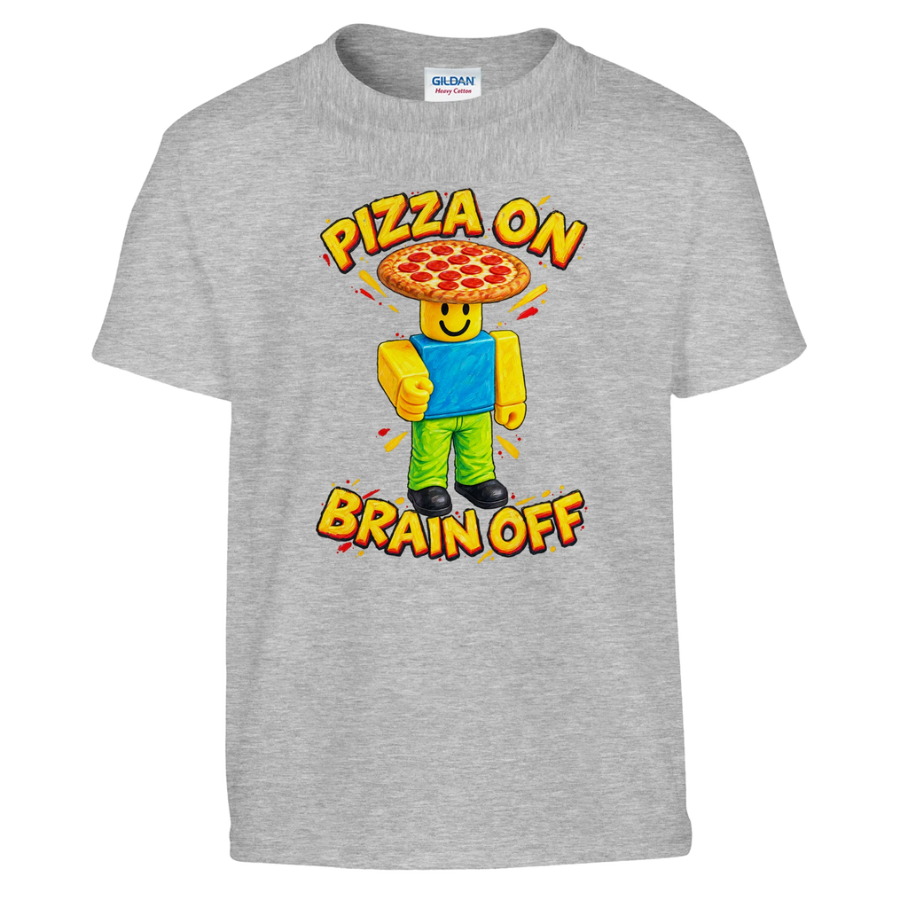 Noobini Pizzanini print on a sport grey kids t-shirt, front view