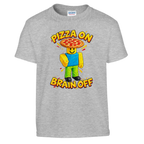 Noobini Pizzanini print on a sport grey kids t-shirt, front view
