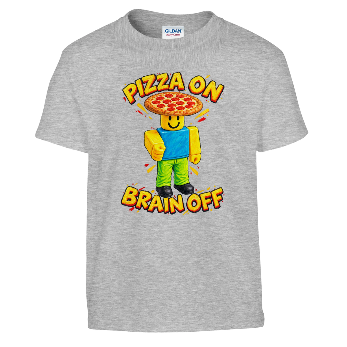 Noobini Pizzanini print on a sport grey kids t-shirt, front view