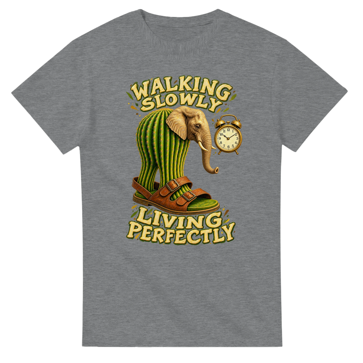 Sport Grey t-shirt printed with Lirili Larila and the words Walking slowly, living perfectly, front view