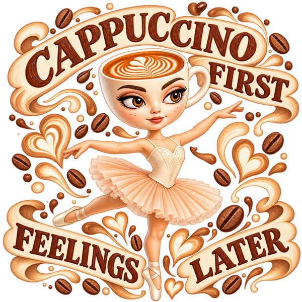 Ballerina Cappuccina, a ballerina with a cappuccino cup for a head, with the words Cappuccino first. Feelings later.
