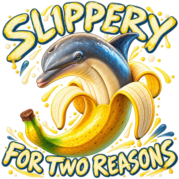 Bananita Dolphinita, the brainrot dolphin with a banana for a back half, with the words Slippery. For two reasons.