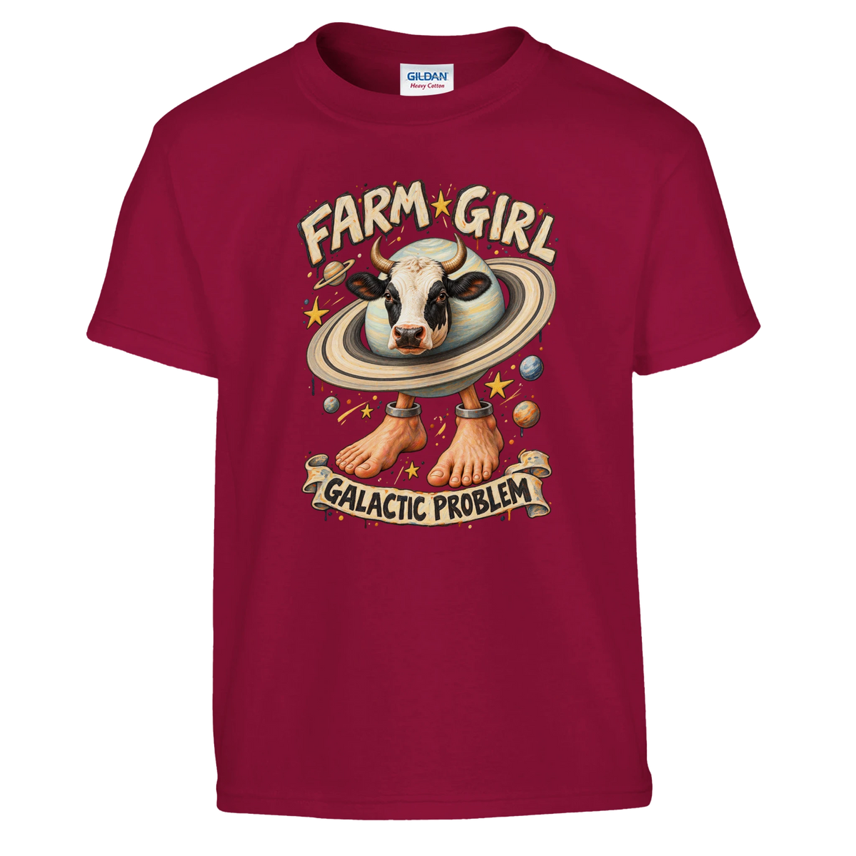 La Vaca Saturno Saturnita print on a cardinal red kids t-shirt, front view